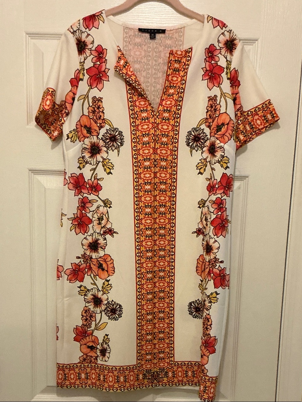 New Tiana B. White Floral Border Shift Dress with Orange /Peach colored Accents